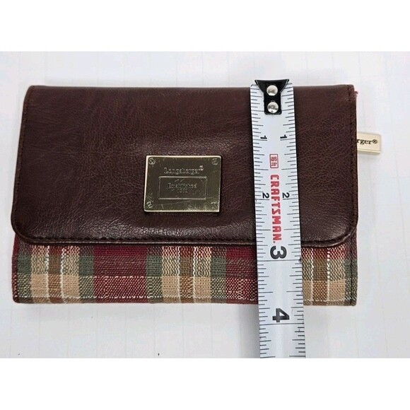 Longaberger Homestead Brown Leather Wallet Red Plaid Flap Snap Closure Tri Fold - Picture 6 of 6